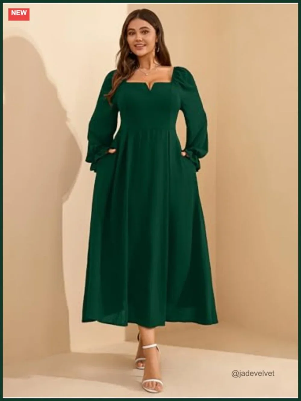 Plus Size Formal Maxi Dress with Pockets Long Sleeve Wedding Guest